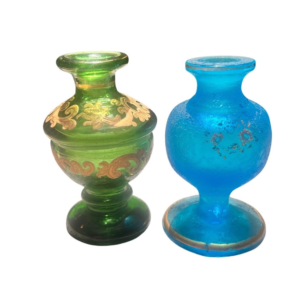 Vintage Miniature Glass Bud Vases Gold Filigree Green Frosted Blue Set of 2‎